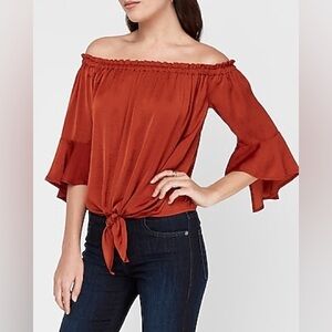 Express Satin Tie Front Off The Shoulder Top Burnt
Orange Small